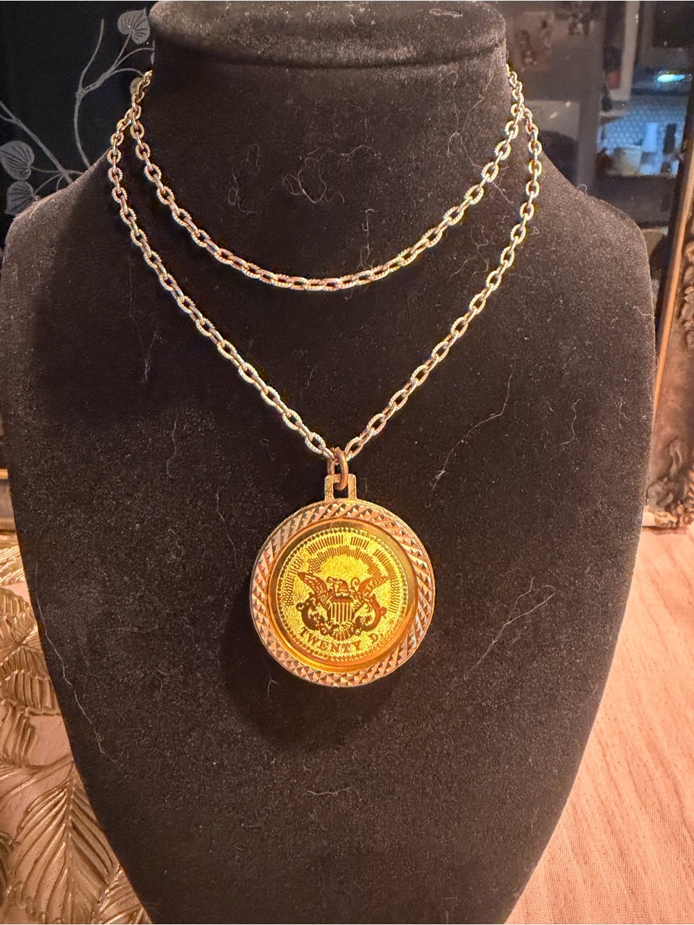 Gold-Tone Double Chain Necklace with Medallion Pendant